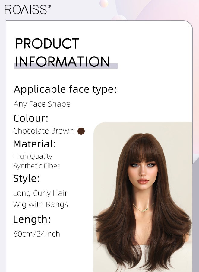 roaiss Long Curly Hair Wig with Bangs for Women, Natural Soft Synthetic Heat Resistant Hair Natural Looking Wig for Wedding Cosplay Party Daily Wear, Chocolate Brown, 60cm (24 inches) - Image 2